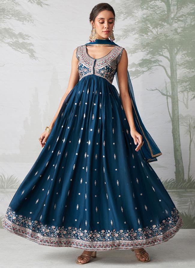 Georgette Aqua Blue Wedding Wear Embroidery Work Readymade Anarkali Suit